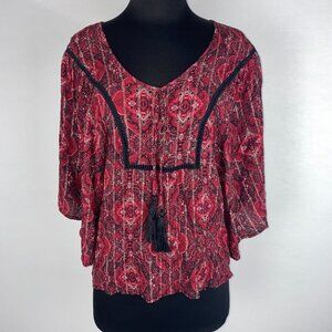 Maurices Peasant Kimono Sleeve Blouse Women's S Metallic Striped Tasseled Boho